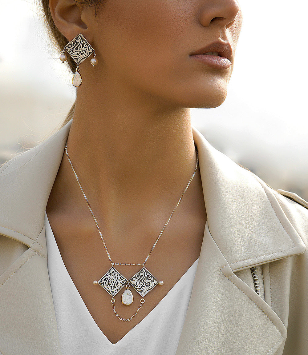 Sterling Silver Calligraphy Stud Earrings and Necklace with Pearl, Poem of Molana Rumi