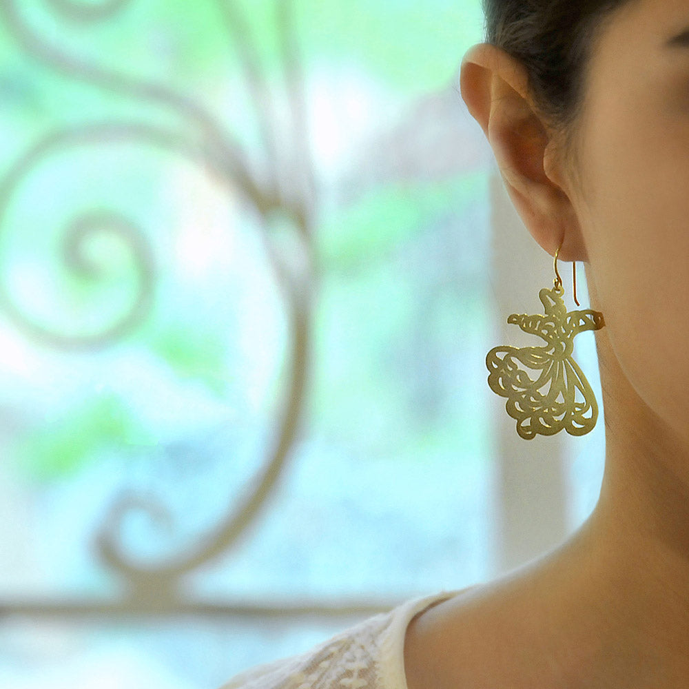 Gold Plated Silver Sama Dance Dangle Earrings, Rumi Earings
