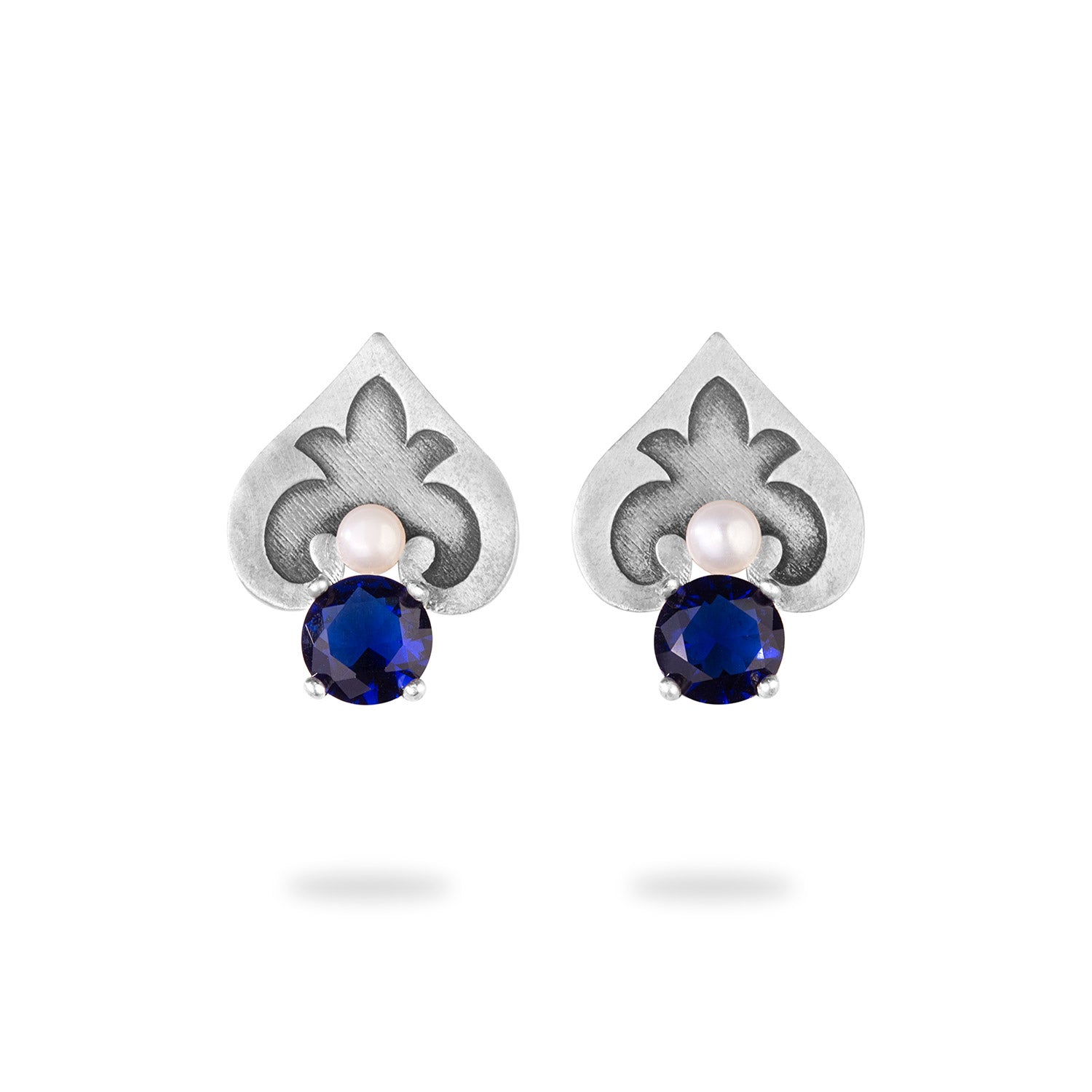 Sterling Silver Heart Stud Earrings with Freshwater Pearl and Blue Crystal