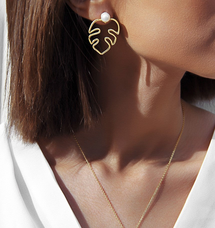 Gold Plated Silver Stud Fig Leaf Earnings with Pearl