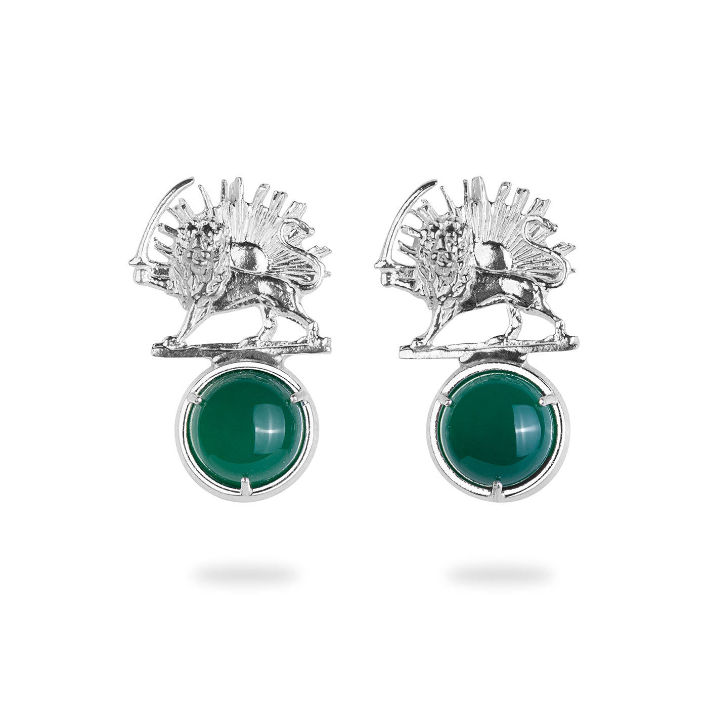 Silver Lion and Sun Stud Earrings with Green  Agate