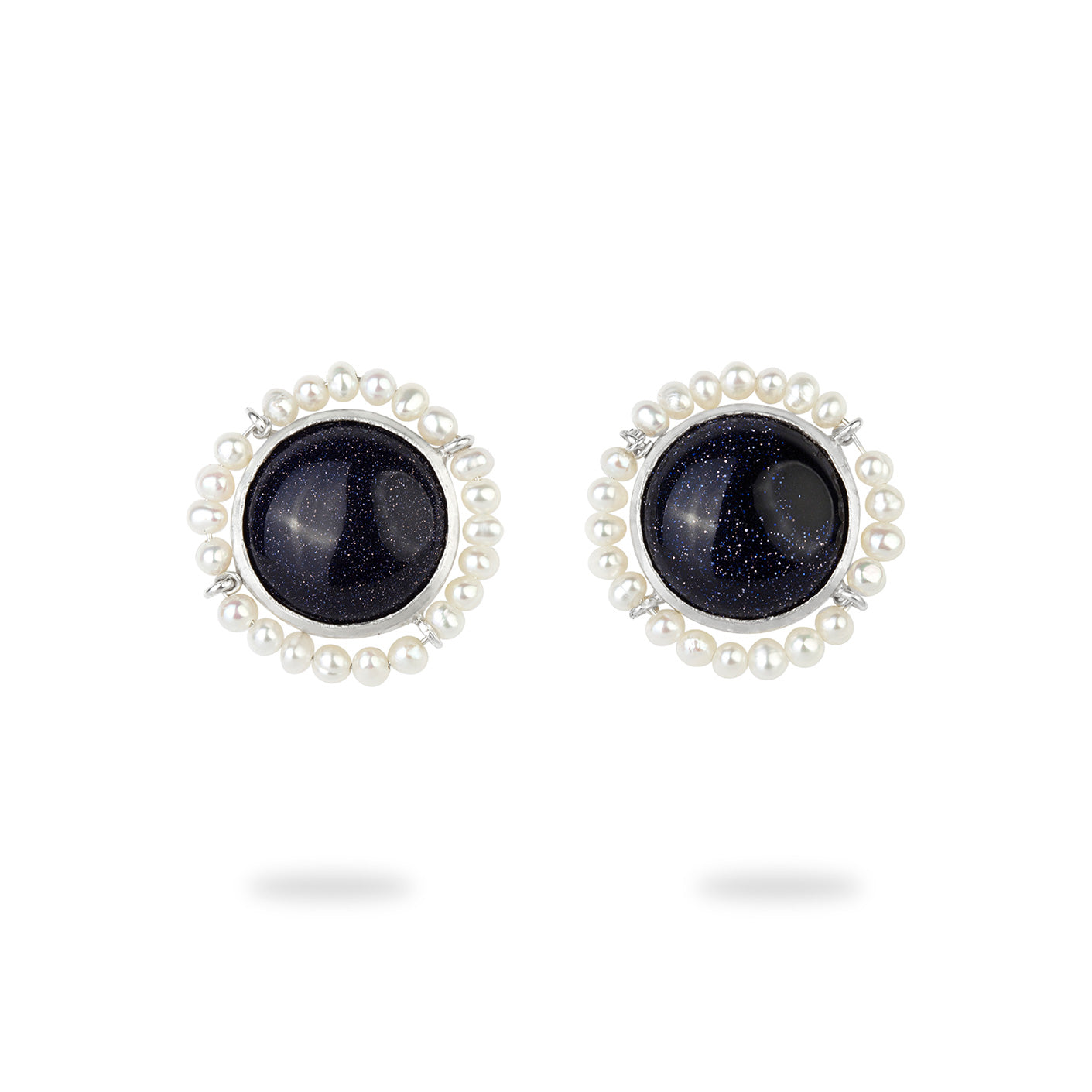 Silver Sunstone and Pearl Round Stud Earrings