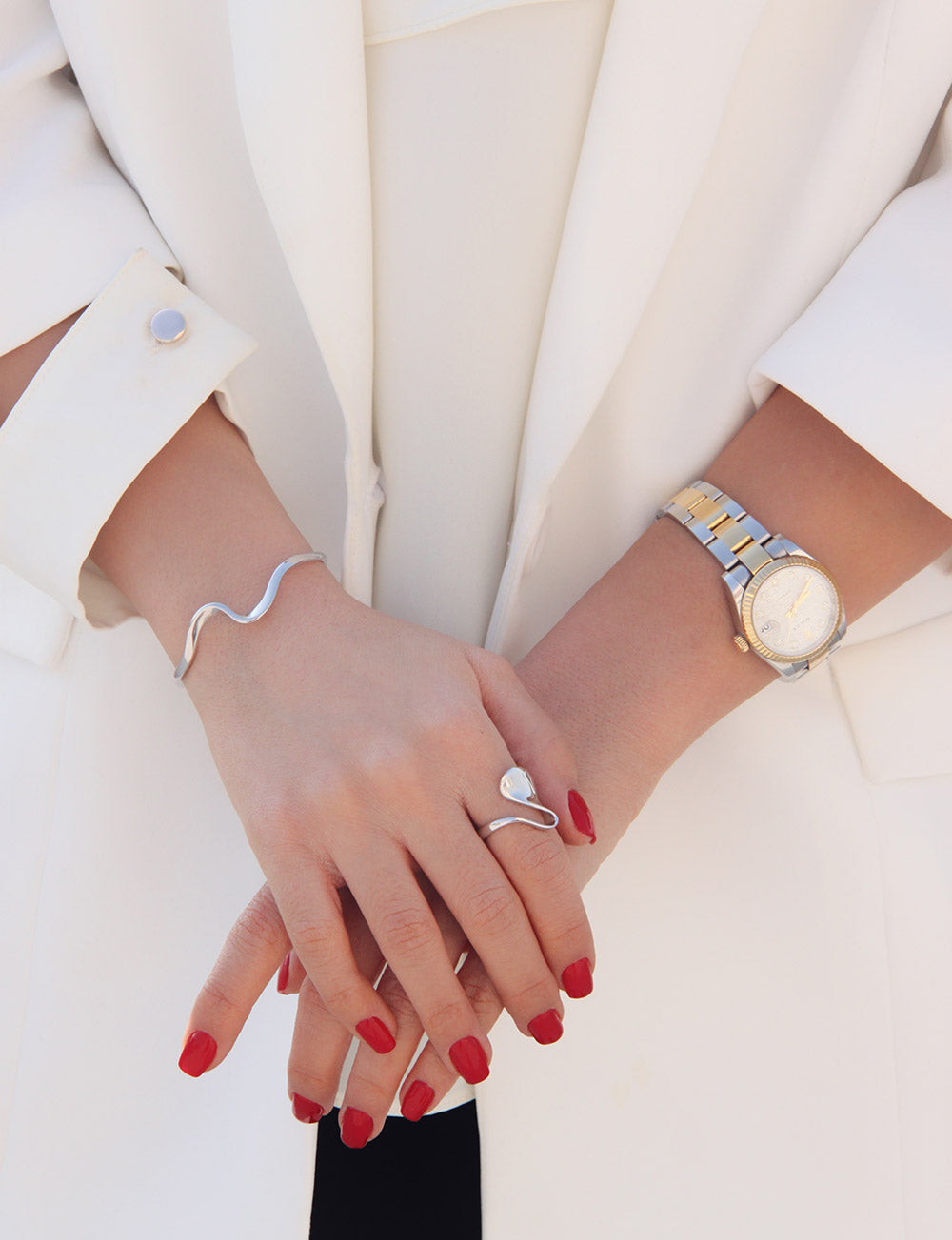 Sterling Silver Thick Wave Band Adjustable Ring and Bangle