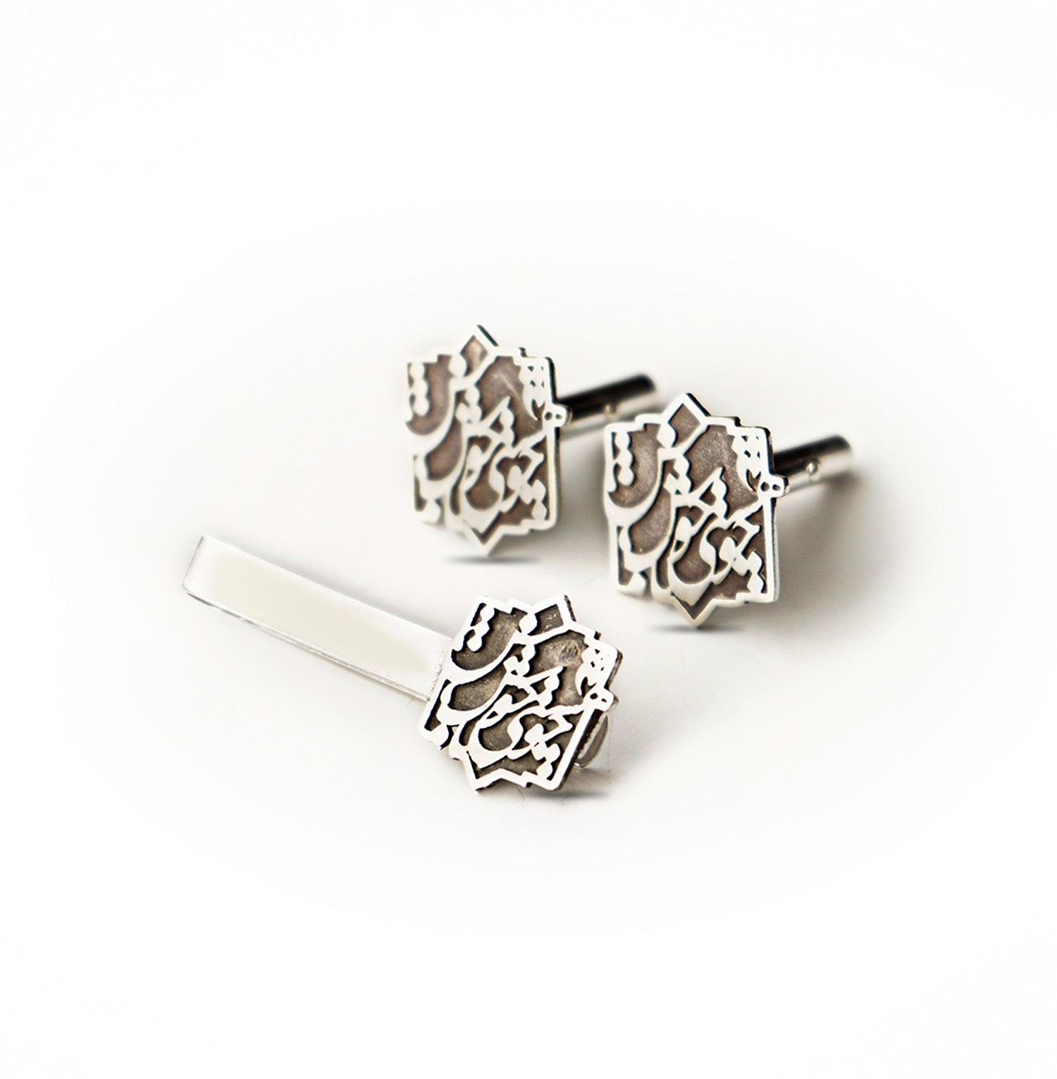 Silver Calligraphy Cufflinks and Tie Bar, Poem of Khayyam