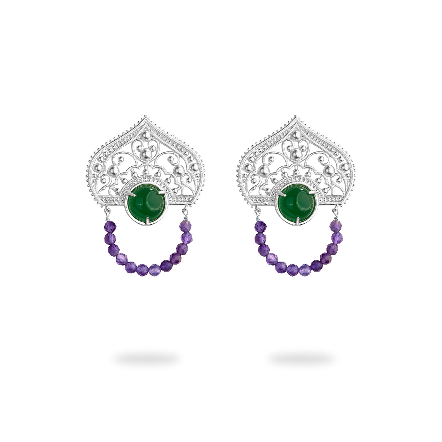 Statement Silver Dome Shape Earrings with Green Agate and Amethyst