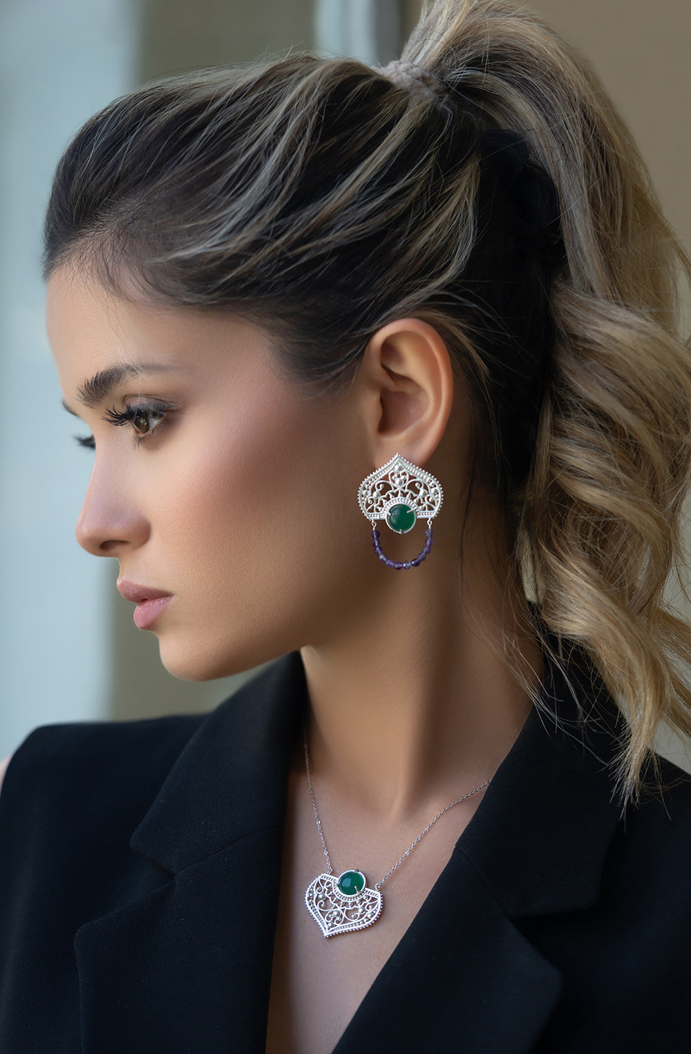 Statement Silver Dome Shape Earrings with Green Agate and Amethyst