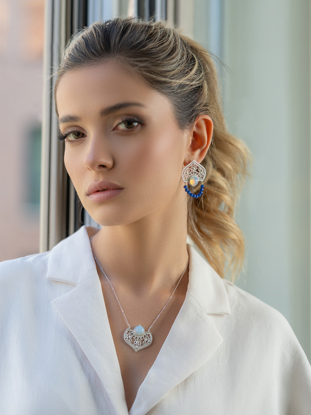 Statement Silver Dome Shape Earrings and Necklace with Opal 