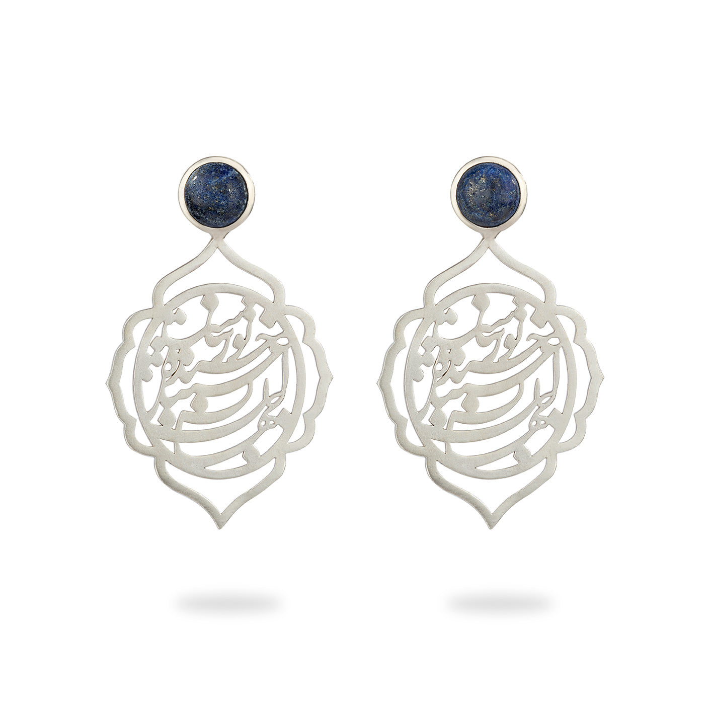 Sterling Silver Statement Calligraphy Earrings with Lapis Lazuli