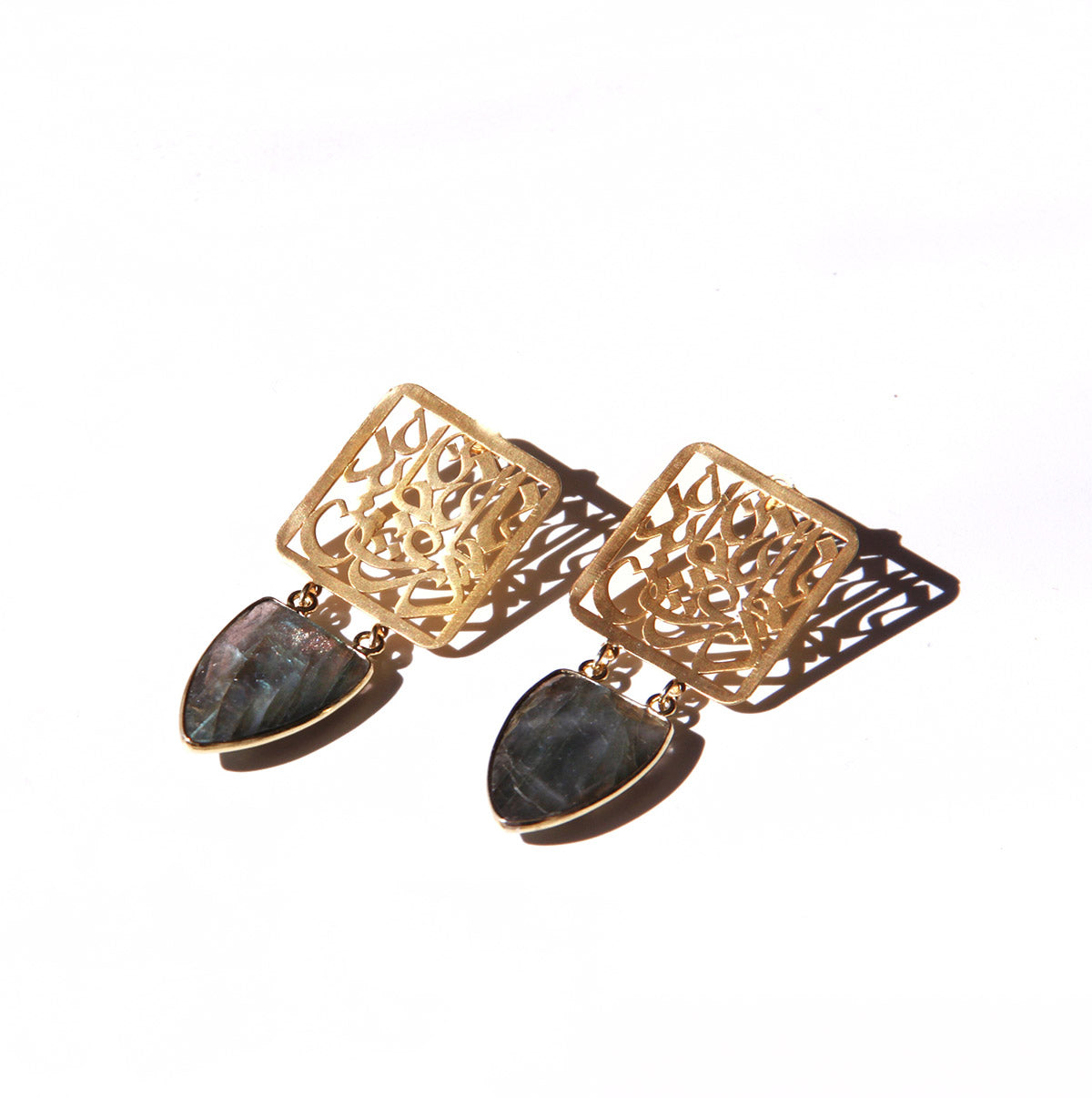 Silver Persian Calligraphy Statement Earrings with Labradorite, Rumi Poem