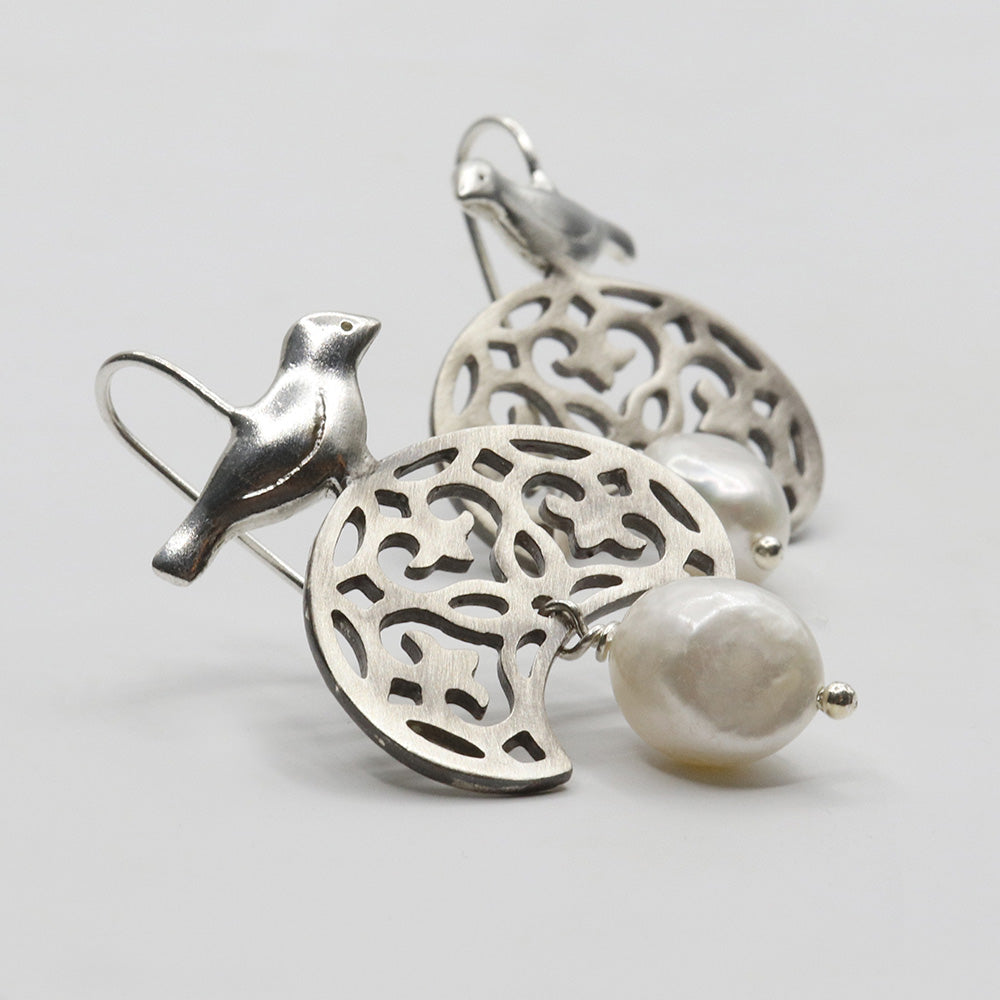Sterling Silver Dangle Bird Earrings with Natural Baroque Pearl