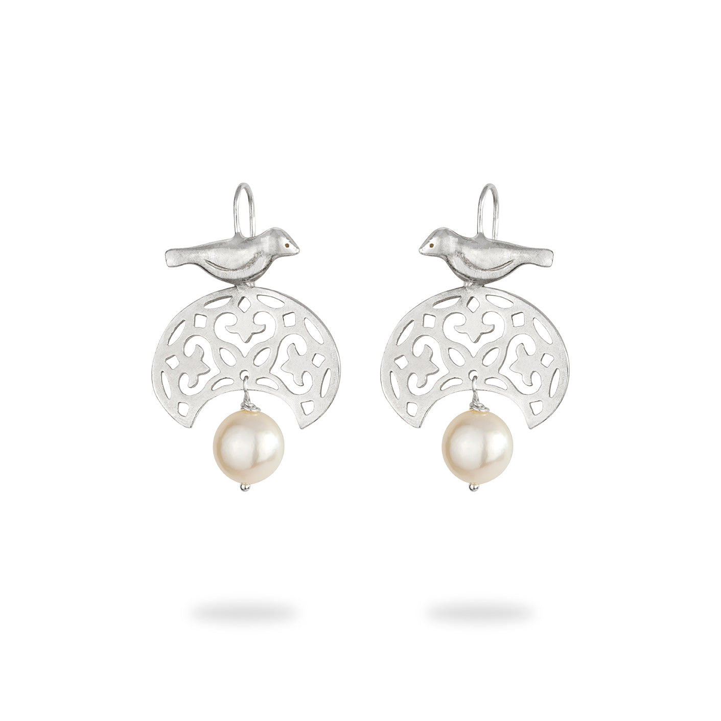 Sterling Silver Dangle Bird Earrings with Natural Baroque Pearl