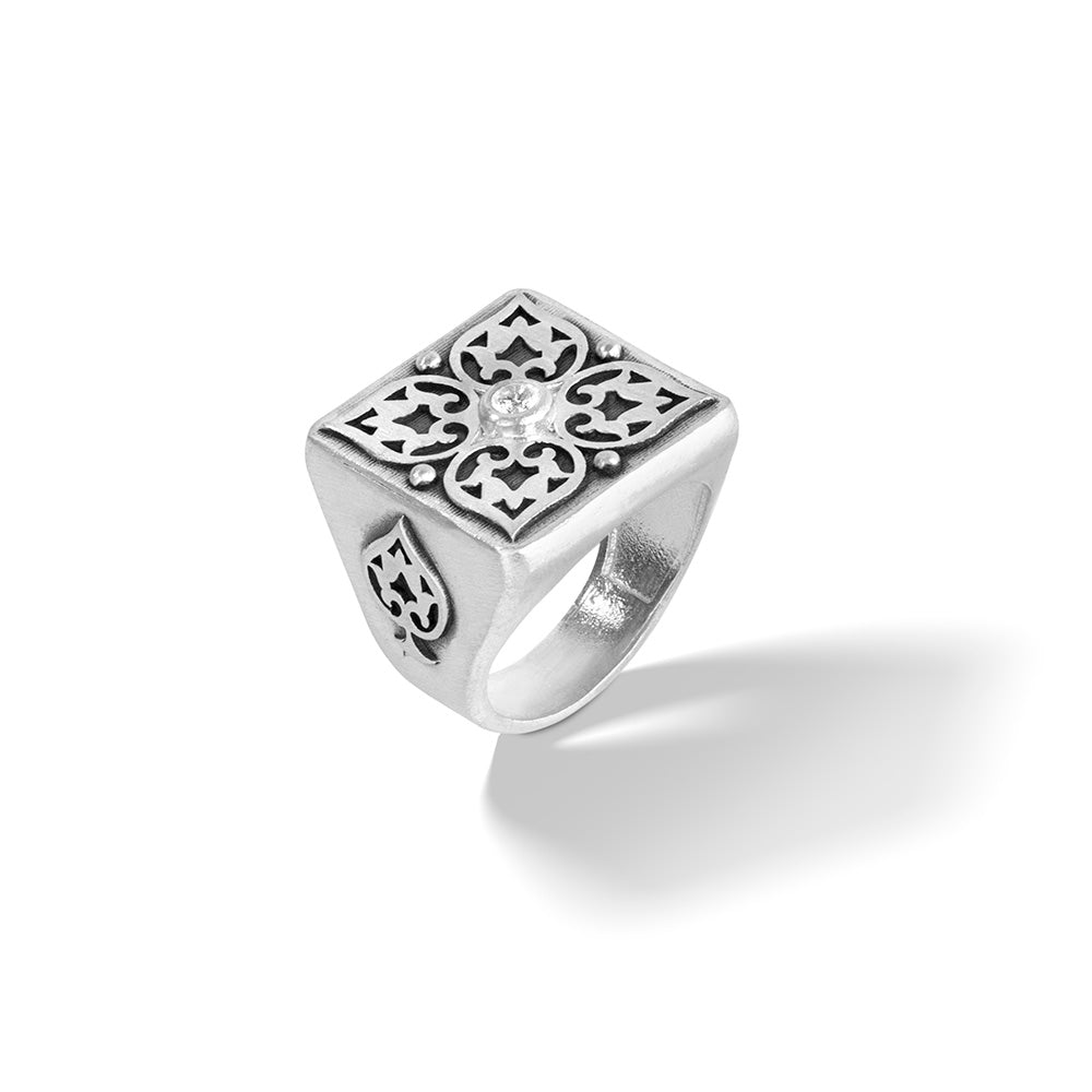 Signet Pattern Sterling Silver Floral Pattern Square Signet Ring - Zargoon